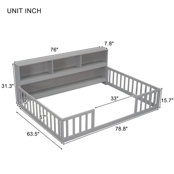 Grey Full Size Pine Floor Bed with Bookcase & Guardrails