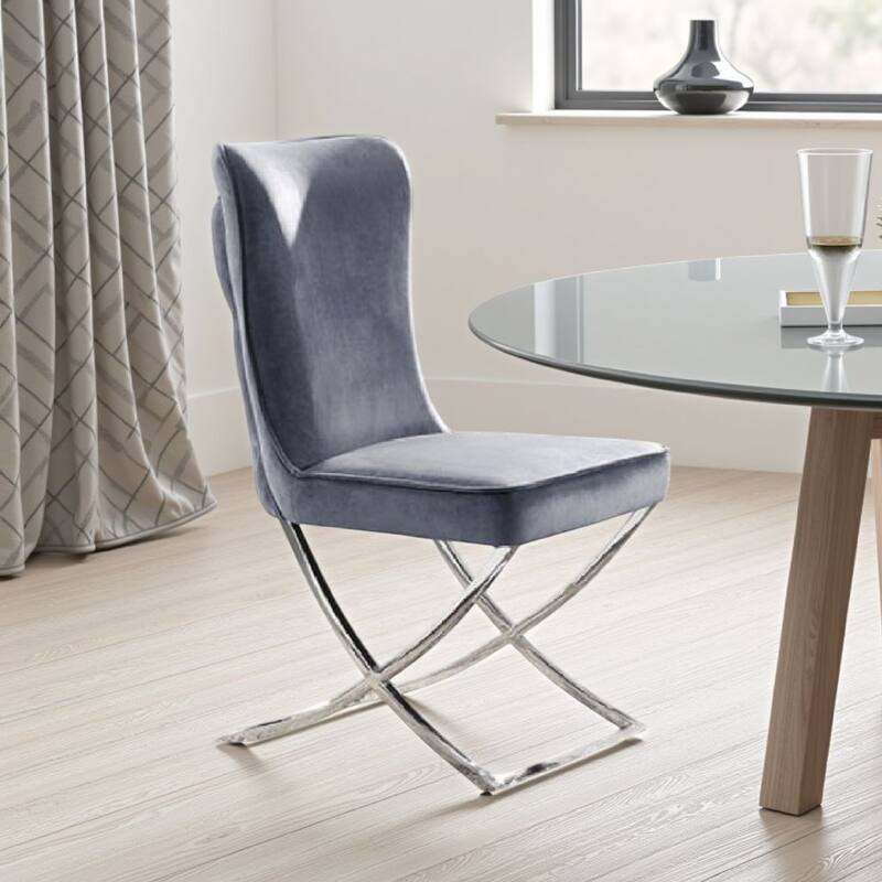 Waden Side Dining Chair Set of 2, Chrome Metal, Gray Button Tufted Velvet