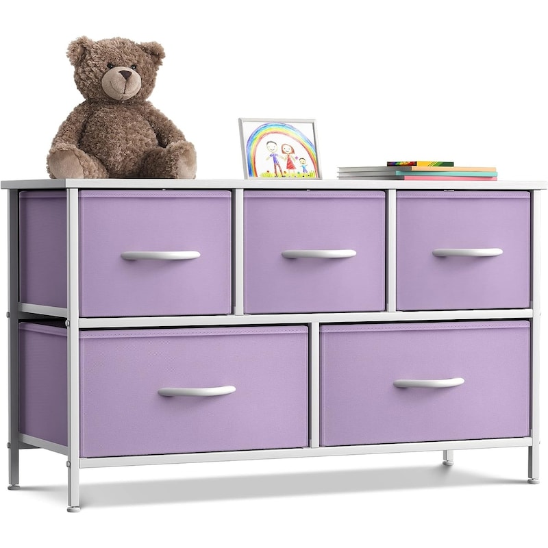 Dresser w/ 5 Drawers Furniture Storage Chest for Home, Bedroom - Purple