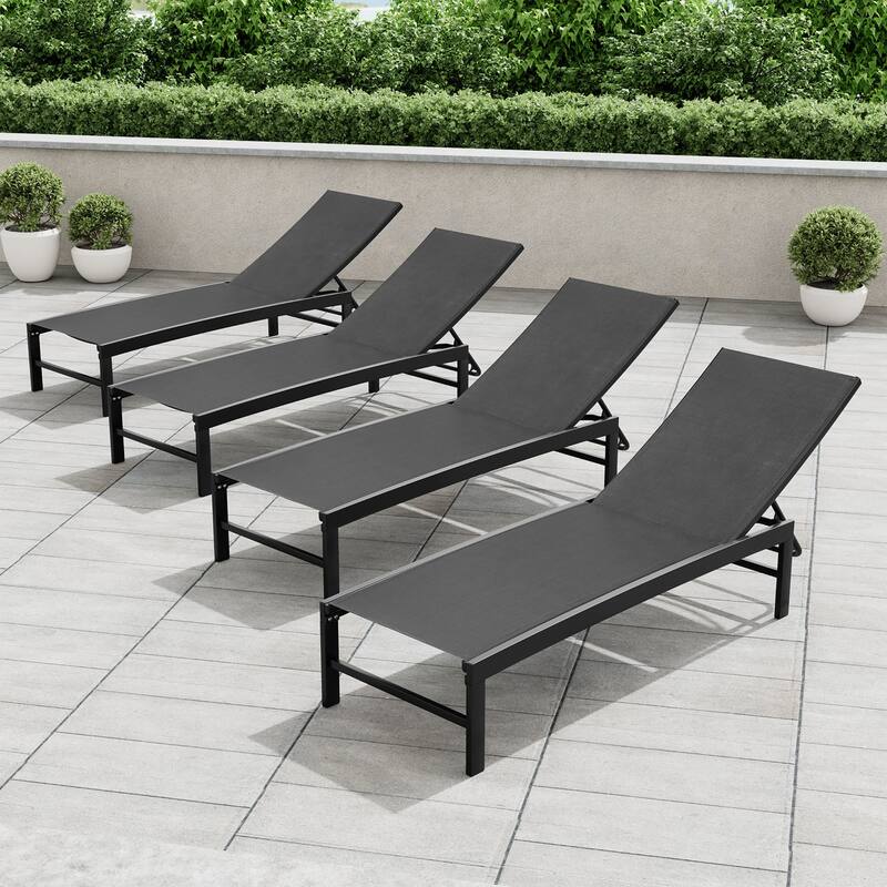 Crestlive Outdoor Pool Side Adjustable Aluminum Chaise Lounge Chairs Set of 4 - See Picture - Black Fabric, Black Frame