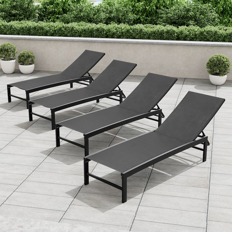 Outdoor Pool Lounger Aluminum All-weather Adjustable Chaise Lounge Chair - See Picture - Black Fabric, Black Frame - Set of 4