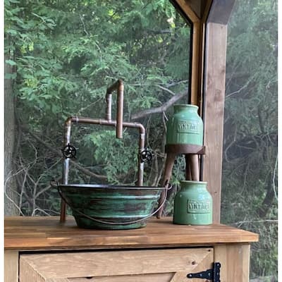 SimplyCopper 15" Round Copper Vessel Bucket Bathroom Sink with Green Distressed Exterior - 15" X 15" X 6"