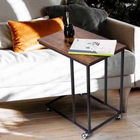 C Shaped End Side Table, Vintage Sofa Couch Table with Wheel, Industrial Bedside Table with Metal Frame for Bedroom,