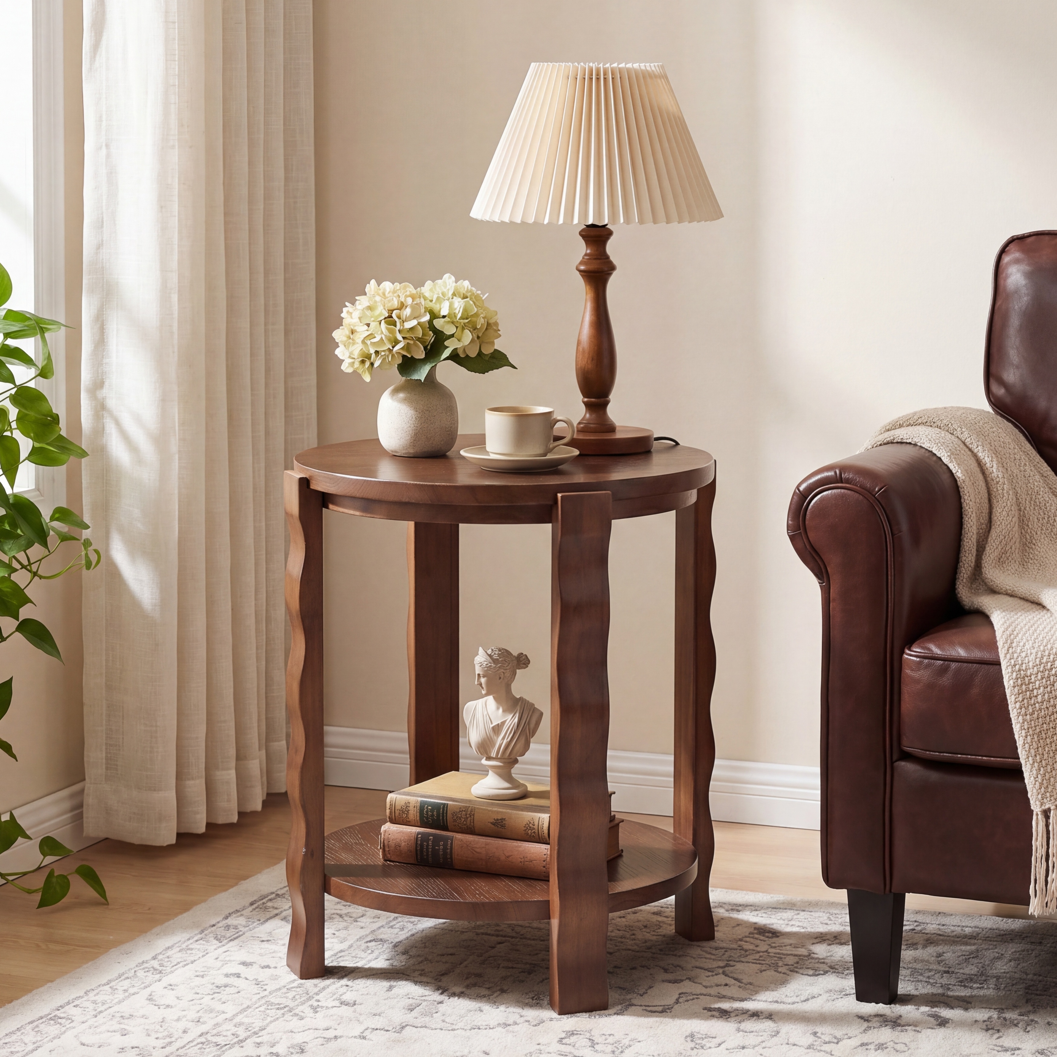 Solid Wood End Table, 2-Tier Round Side Table for Living Room, Besdside Table with Shelf for Bedroom Small Spaces