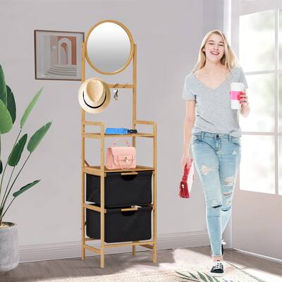 Kinbor 63”H Bamboo Storage Shelf, Bathroom Storage Cabinet with Adjustable Mirror, Freestanding Shelving Racks with 2 Drawers