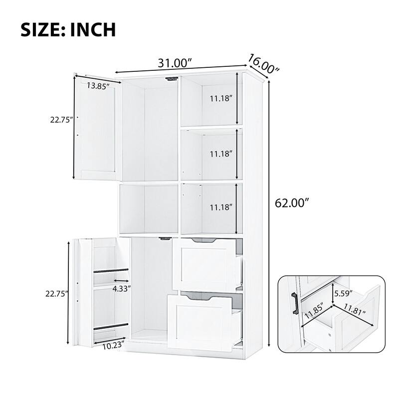 Roomfitters Bathroom Storage Cabinet with Doors Drawers Open Shelf and Adjustable Compartments Freestanding Design, White