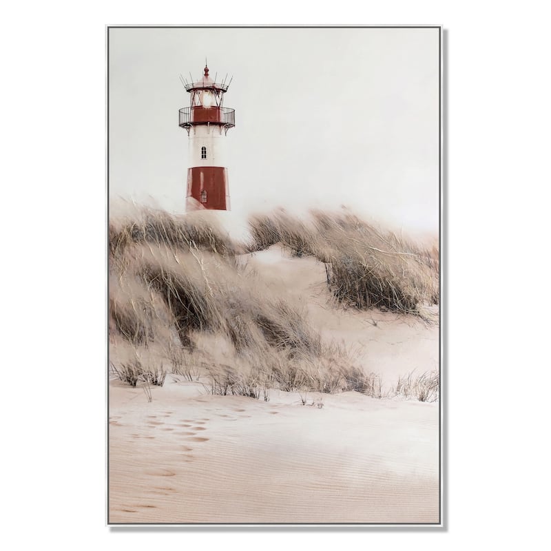 39 x 59 Hand Painted Lighthouse Atop Grassy Beach, Resin Frame, Multicolor - Brown, Red, White