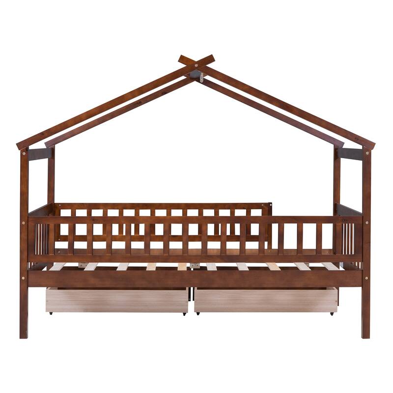 Twin Size Wooden House Bed with Two Drawers, Walnut Finish