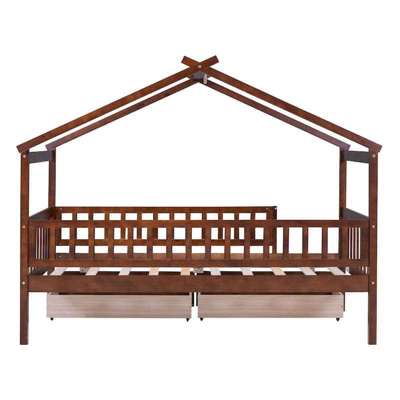 Wooden House Bed with Two Drawers and Fence