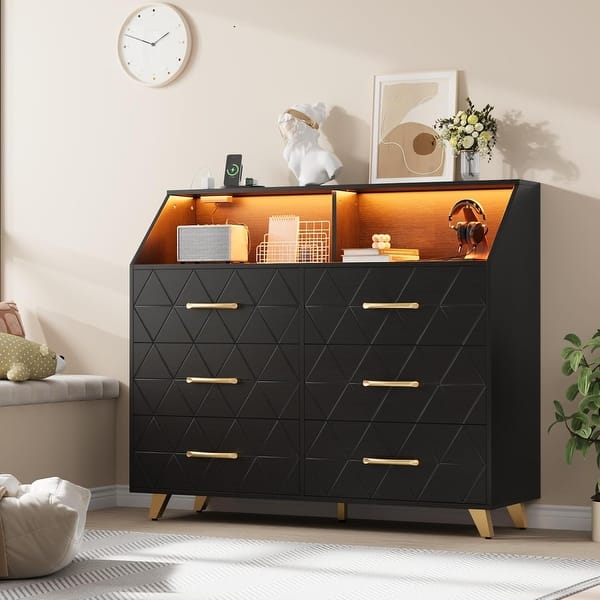 Wooden 6 - Drawer Dresser with LED Lights & Charging Station - White