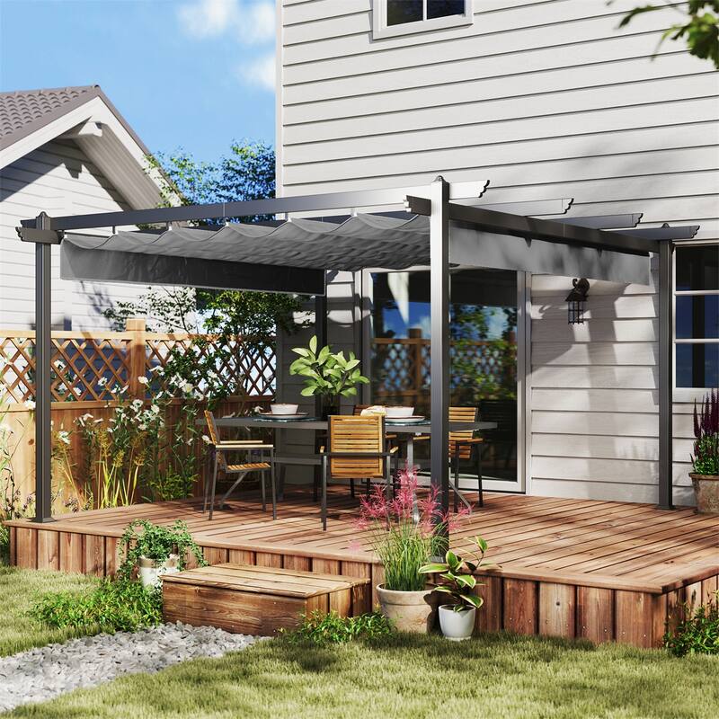 Retractable Aluminum Pergola with 180g Polyester Canopy UPF 30 Plus Gray White for Patio Garden or Terrace