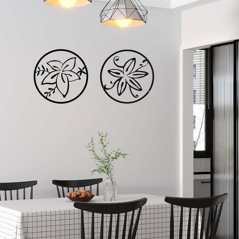 Cinq 3 Piece Set Wall Decor, Floral Hollow Out Abstract Design, Black Round Metal Frame