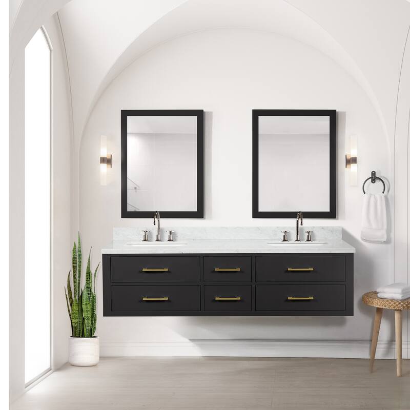 Lexora Castor Double Bath Vanity, Carrara Marble Top, Faucet Set, and Mirrors - 72 Inch - Black