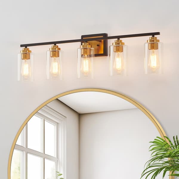 slide 2 of 12, KAWOTI Rive 5-Light Dimmable Bathroom Vanity Light Antique Brass Black&Gold