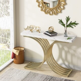 43" Modern Console Table with Gold Base, Geometric Entryway Sofa Table for Living Room  Faux Marble, Gold