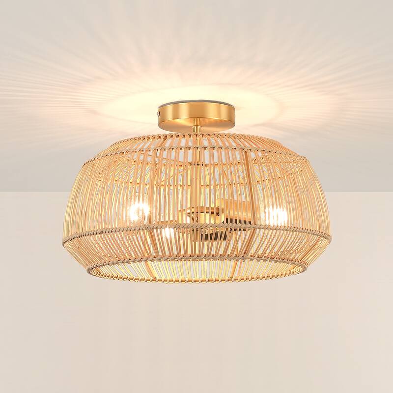 2-Light Bohemian Rattan Semi-Flush Mount Ceiling Light - Brass - 16"W-3 lights