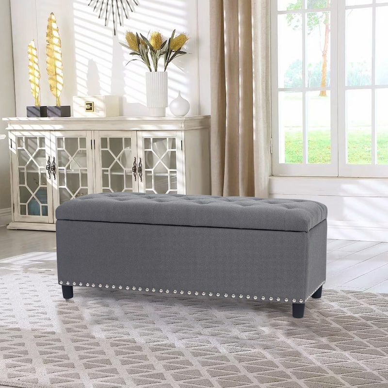 Adeco 41 Inches Storage Bench Linen Tufted Top Ottoman for Living Room