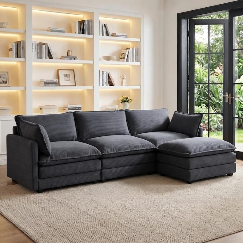 Oversized Modular Corduroy Sectional Sofa Set with Ottoman, 3-Seater / 4-Seater Deep Seat Lounge Couch for Living Room - Dark Grey 3 Seat - Reversible