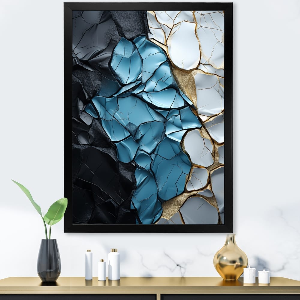 Designart "Turquoise White And Gold Marble Art" Abstract Painting Framed Canvas Art Print