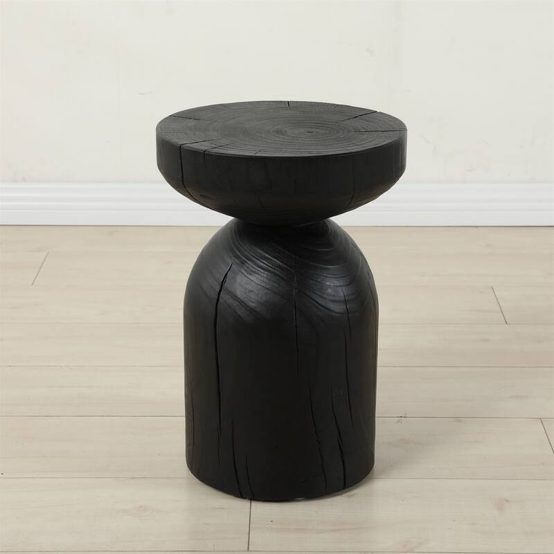 Solid Mango Wood Side End Table in Black, 17.7 inch Round Contemporary Wooden Accent Table, Small Round Plant Stand