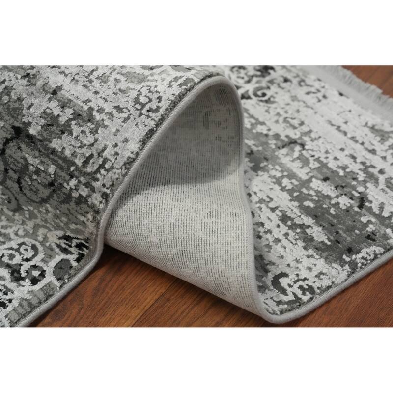 Machine Made Oriental Polyester Carpet Geometric Greys & Charcoal Distressed Area Rug - 7' 5'' X 5' 2''