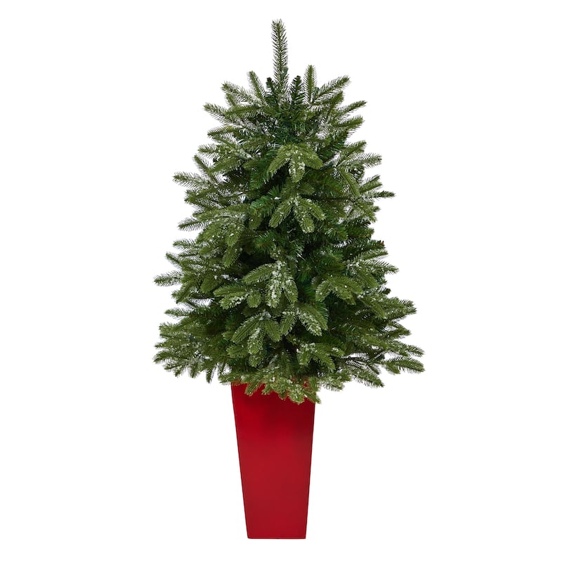 3.5' Potted Snowed Teton Fir Artificial Christmas Tree, Clear Lights - 3.5 Foot