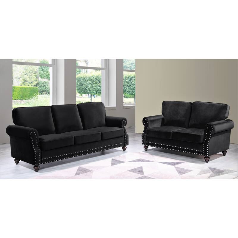 Suffield Velvet Nailhead 2-Piece Set-Loveseat & Sofa - Black
