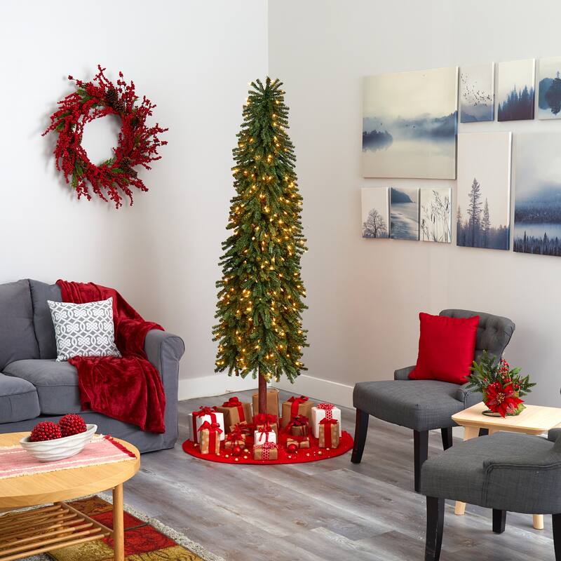 7ft Artificial Christmas Tree with Lights - Slim Alpine Holiday Decor, Bendable Branches - Green - 84