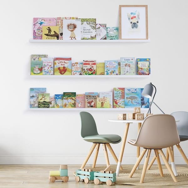 slide 2 of 8, Wallniture Denver 46" Floating Shelves for Kids Room Decor, White Bookshelf (Set of 3)