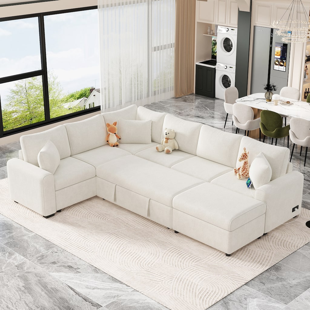 112.2" Sectional Pull-out Sofa Bed with Storage, Pillows & Chargers, Cream Chenille