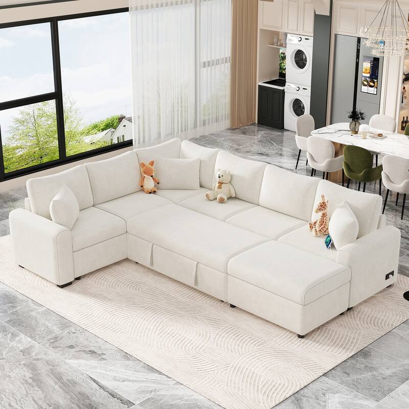 Modern Sectional Sofa with Pull Out Sleeper and Storage Ottoman and USB Ports for Versatile Living Room or Guest Use - Cream