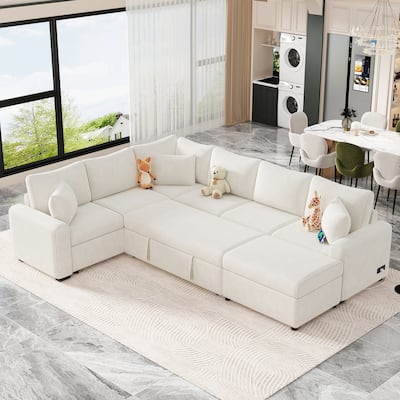 Modern Sectional Sofa with Pull Out Sleeper and Storage Ottoman and USB Ports for Versatile Living Room or Guest Use