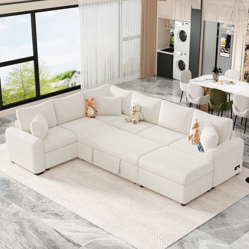 Sectional Sofa Pull-out Bed with Storage Ottoman and Charging Devices