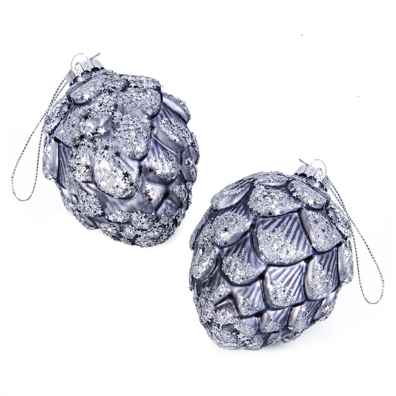 Blue Pine Cone Glass Christmas Tree Ornament Set of 2 - 3.15 х 3.94"
