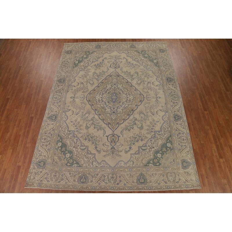 Handknotted Distressed Tabriz Persian Rug Vintage Wool Carpet 9'4" x