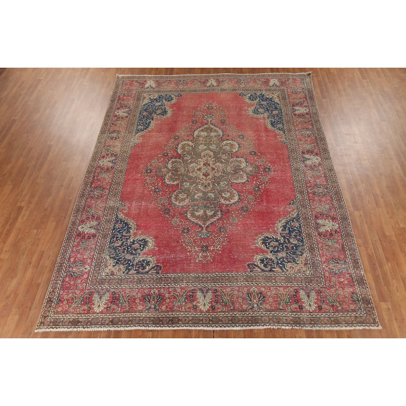 Distressed Tabriz Persian Vintage Rug Hand-Knotted Wool Carpet - 9'6"x 12'10"