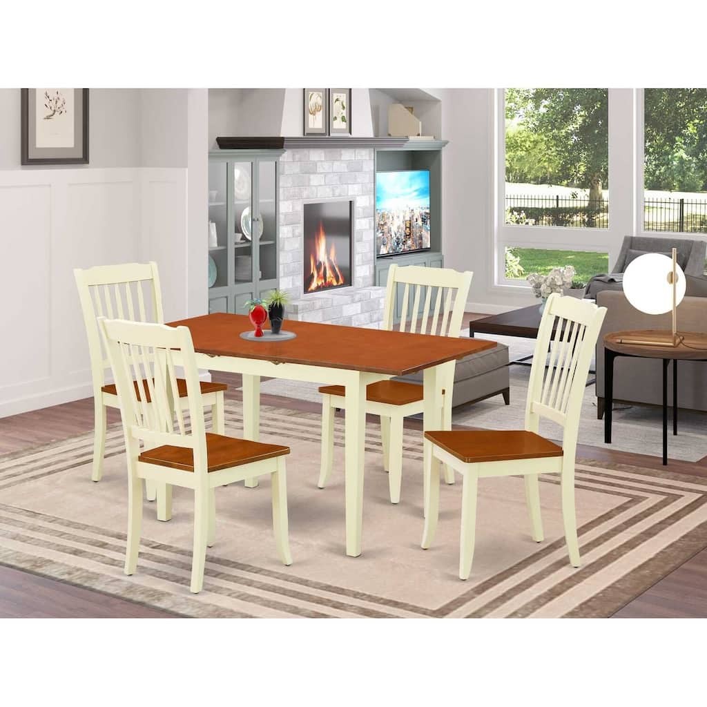 Rectangular Dining Table Set - 5pc Neo-Classical Design with Leaf & 4 Chairs - Elegant Home Dining Furniture