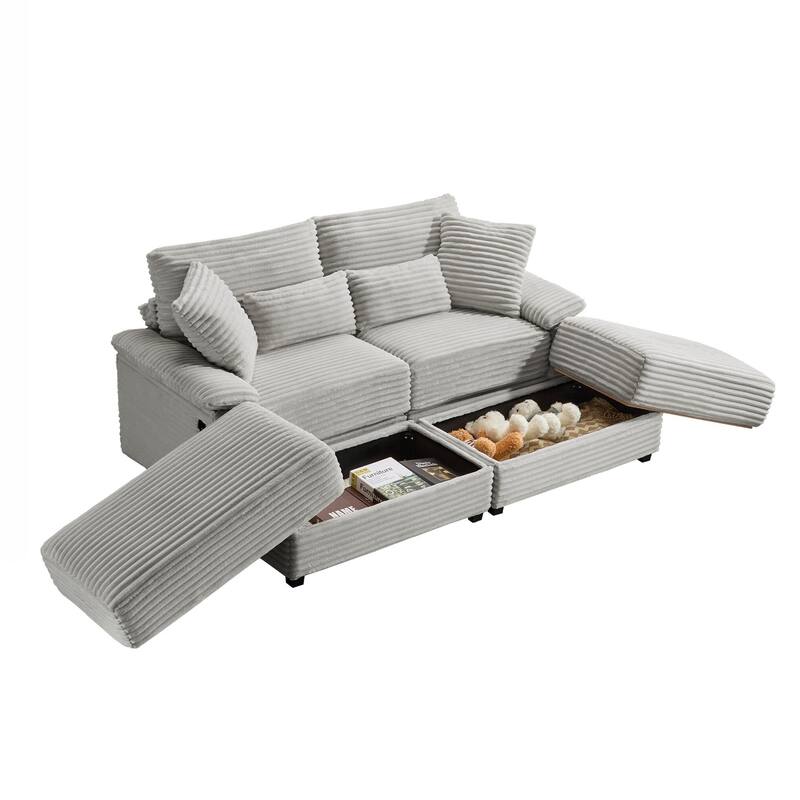 Double Chaise Lounge Set with Reversible Ottoman - Soft Corduroy Fabric, Storage Ottomans,USB Port, Multi-Functional Seat/Table