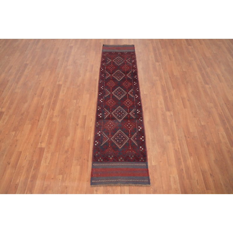 Hand Knotted Oriental 100% Wool Carpet Traditional Tribal Navy Blue & Blues Balouch Runner Rug - 7' 10'' X 1' 11''