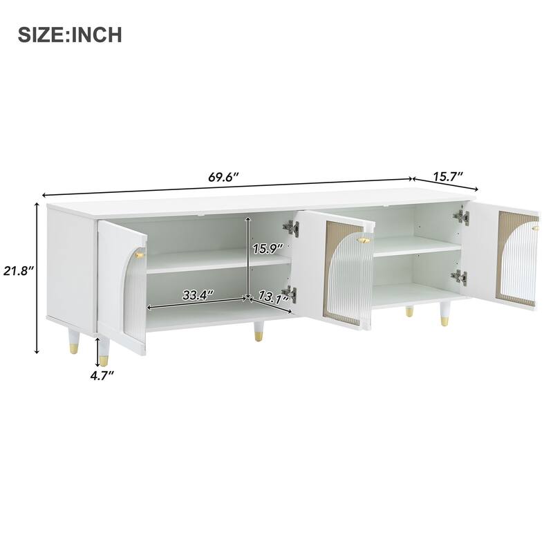 Stylish Media Console TV Stand with Adjustable Shelves, Gold Handles & Arch Fluted Glass, Fits TVs Up to 78''