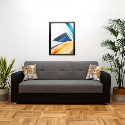 HomeRoots 90" Gray Chenille And Faux Leather Convertible Futon Sleeper Sofa And Toss Pillows With Storage
