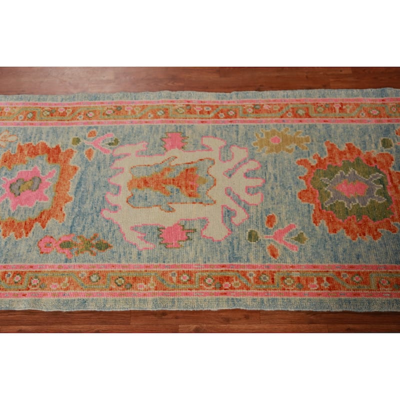 Hand Knotted Oriental 100% Wool Carpet Transitional Floral Navy Blue & Blues Oushak Runner Rug - 12' 8'' X 2' 11''