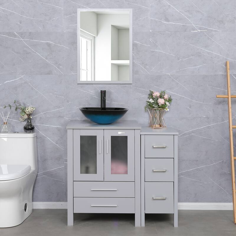 36" Bathroom Vanity Sink Gray Set with Side Cabinet Vessel Sink Mirror Faucet Combo - ocean blue square sink