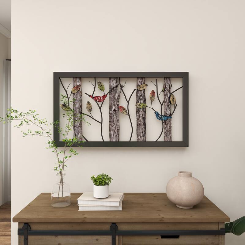 Black Metal Bird Wall Decor with Tree Branches and Colorful Leaves