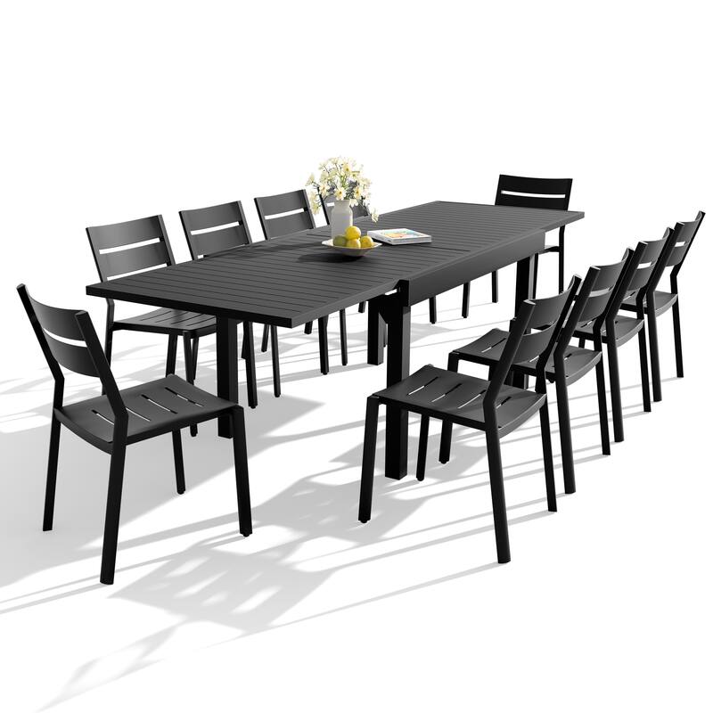 VredHom 11PC Outdoor Patio Aluminum Expandable Rectangle Table Dining Set with Stackable Chairs - Black