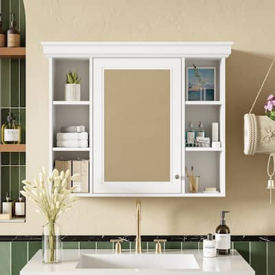 Modern Medicine Cabinet Wall Mounted Storage Cabinet with High Definition Mirror, Open Compartments and Adjustable Shelving