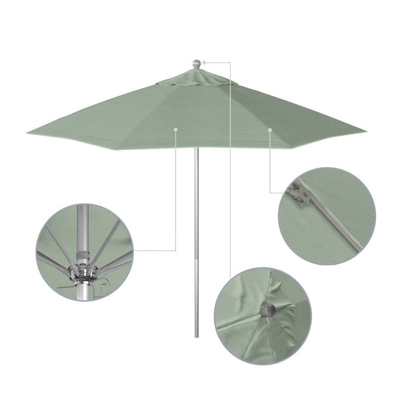 California Umbrella 9' Rd. Aluminum Frame, Fiberglass Rib Patio Umbrella, Push Open,Anodized Silver Finish, Sunbrella Fabric