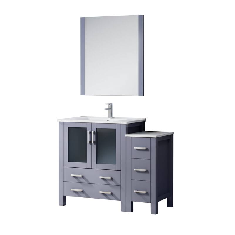 42" Navy Blue Bathroom Vanity with Side Cabinet, White Ceramic Countertop, Monte Faucet Set, and 28" Mirror