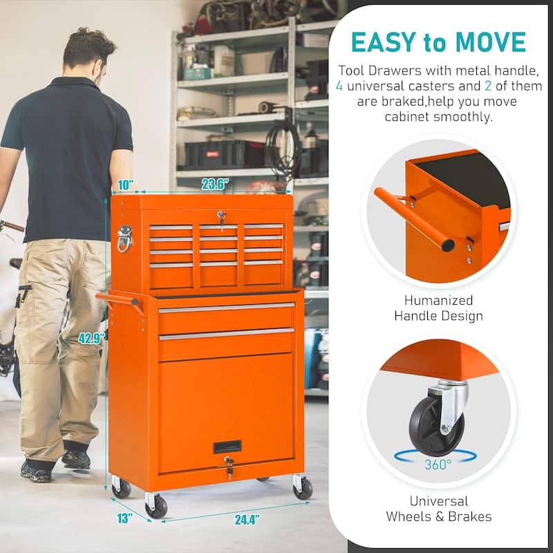 8-Drawer 2 in 1 Rolling Tool Chest Cabinet Garage Storage Toolbox with Detachable Top Tool Box and Universal Lockable Wheels