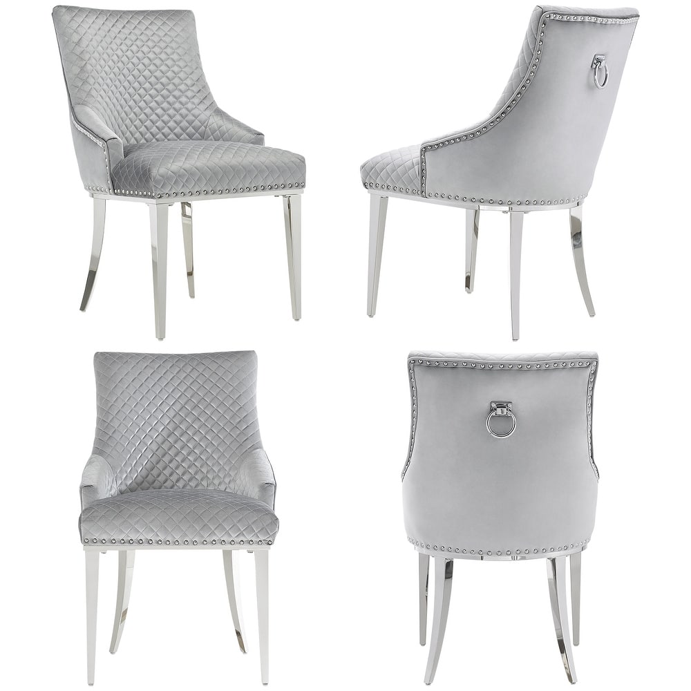Modern Light Grey Velvet Dining Chairs with Mirrored Silver Legs